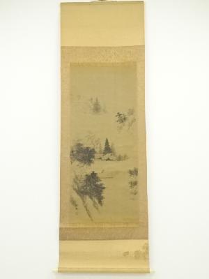 村中筆　水墨山家　肉筆絹本掛軸